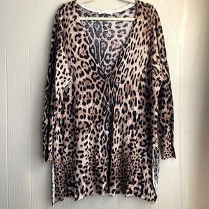 Ellison Linen Blend Boho Leopard Print Button Down Longline Cardigan Sweater